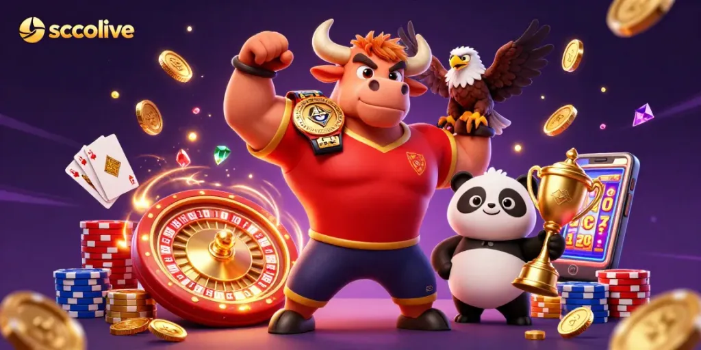 Socolive showcases an energetic victory scene with a bull mascot, eagle, and panda amidst casino action.