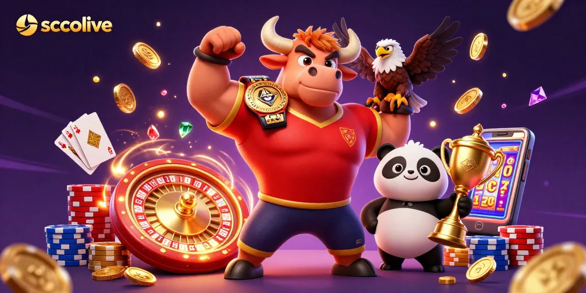 Socolive showcases an energetic victory scene with a bull mascot, eagle, and panda amidst casino action.