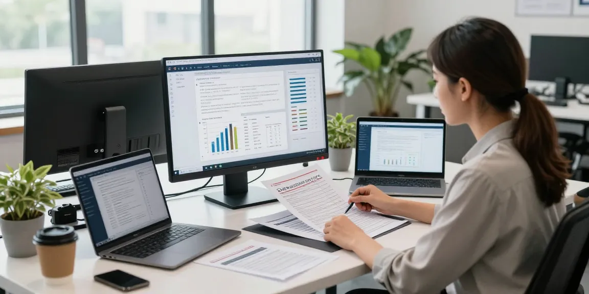 Compliance officer conducting document fraud detection analysis in a modern office setting, showcasing advanced technology.