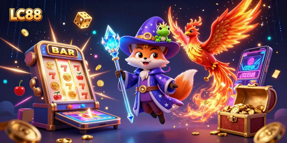 Experience the excitement of LC88 with a dynamic casino scene featuring a magical wizard fox and casino symbols.