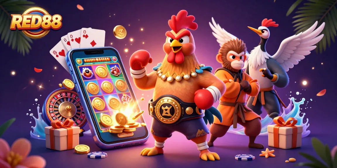 Engage with the thrilling world of RED88 through a dynamic 3D illustration featuring slot games, casino elements, and vibrant characters.