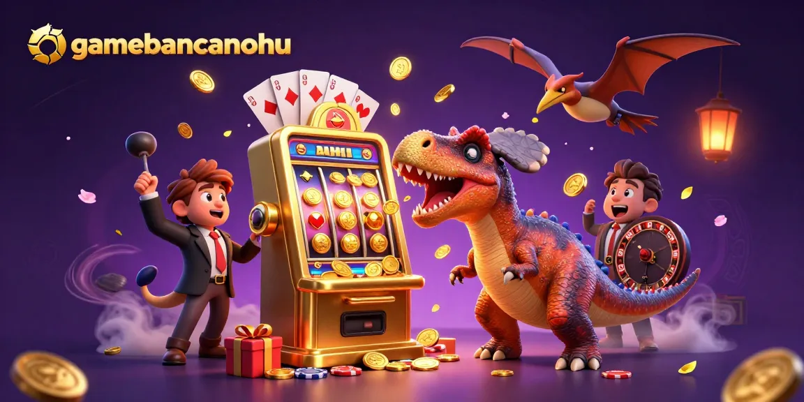 gamebancanohu showcases a lively 3D scene of animated dinosaurs interacting with a golden slot machine amidst vibrant casino elements.