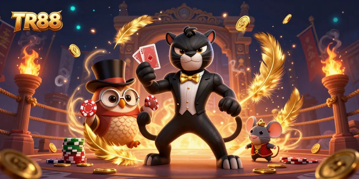 TR88 offers an exciting gaming experience with a stylized scene featuring a black panther dealer, owl, and mouse amidst vibrant casino elements.