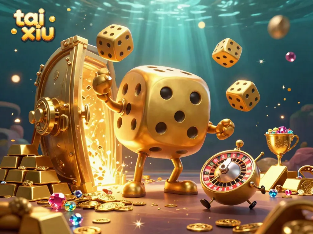 Experience thrilling tai xiu gameplay with a golden dice golem and treasure in dynamic 3D art.