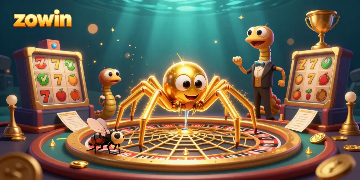 Zowin spins a winning slot reel scene with golden spider and croupier, captivating casino atmosphere.