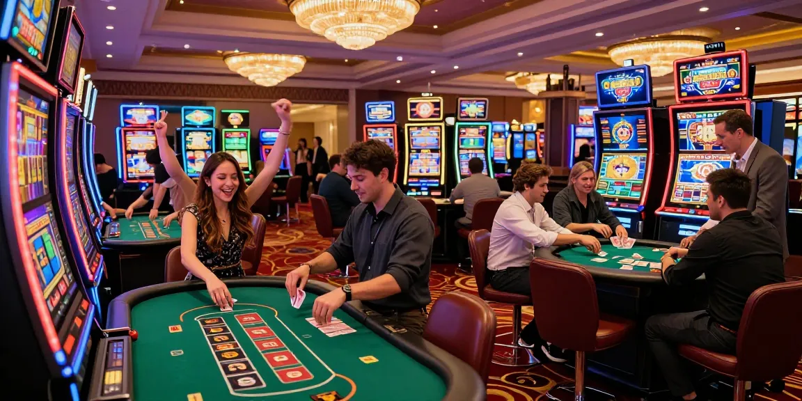 Exciting scene at KO66 Casino with players cheering and winning at gaming tables, vibrant atmosphere