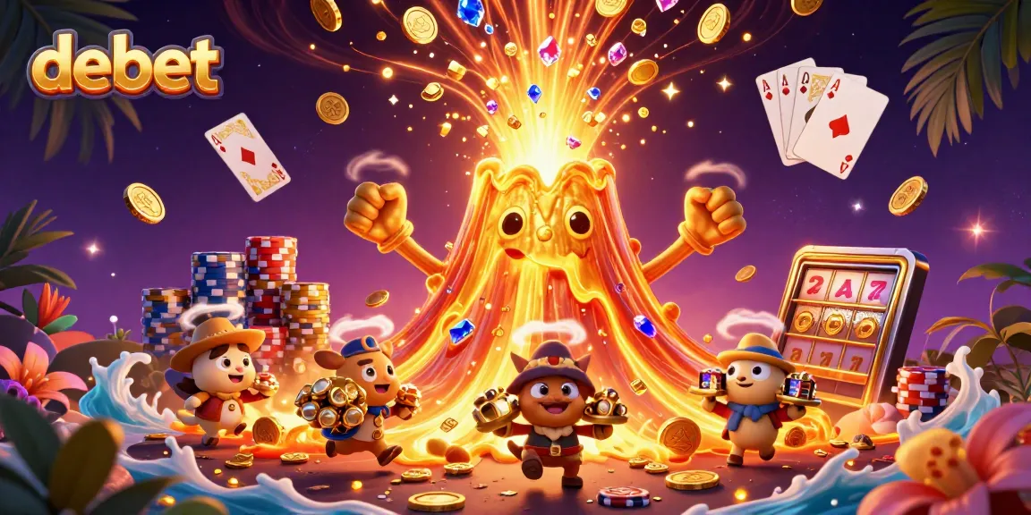 Engage with debet’s thrilling golden volcano erupting in a vibrant casino scene filled with treasures.