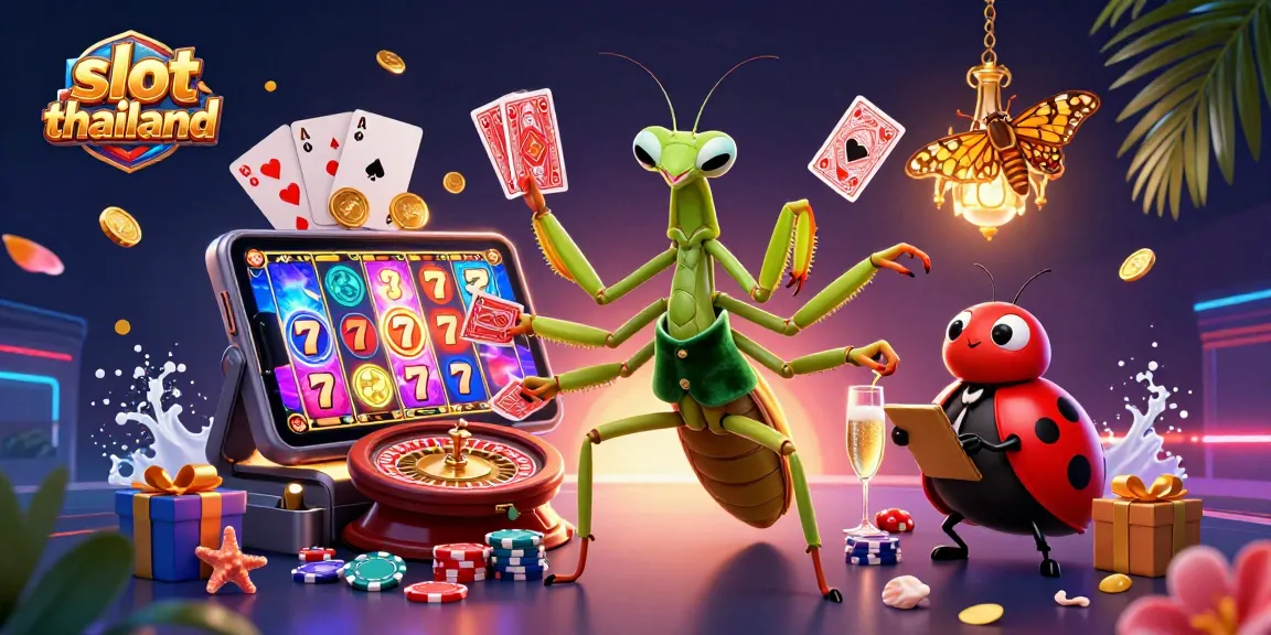 Experience slot thailand excitement as a giant praying mantis deals cards amidst vibrant casino elements and golden coins.