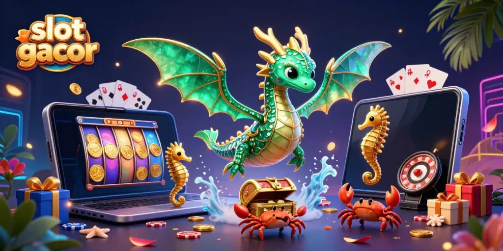 Experience the excitement of slot gacor with a vibrant 3D sea dragon and treasure-filled scene.
