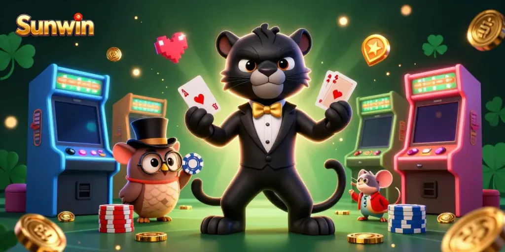 Experience thrilling gameplay at Sunwin with a stylish black panther dealer, an owl, and a lucky mouse amidst colorful casino elements.