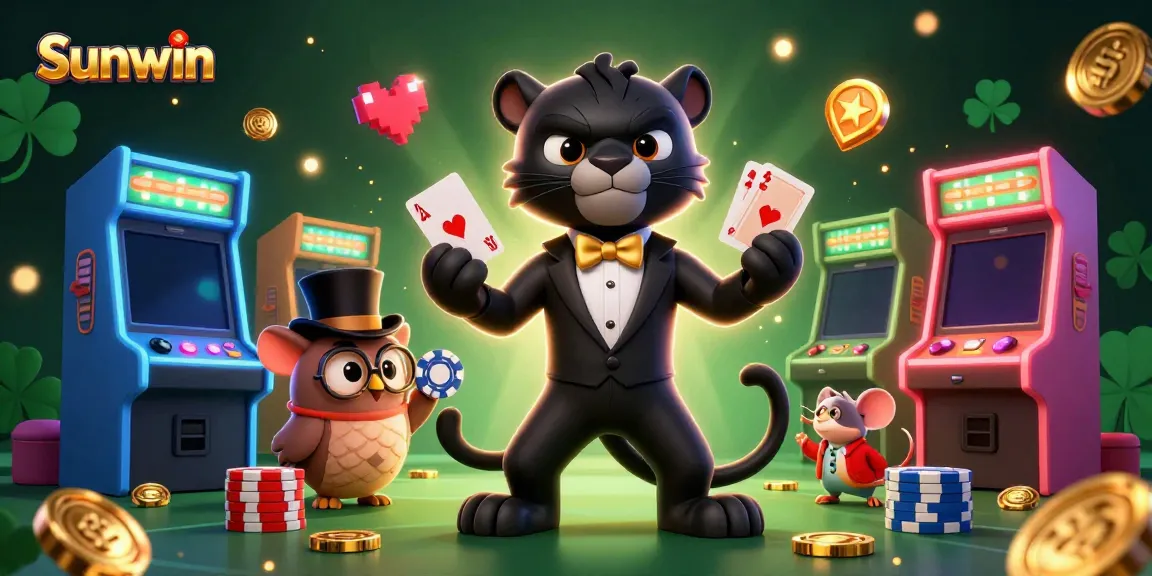 Experience thrilling gameplay at Sunwin with a stylish black panther dealer, an owl, and a lucky mouse amidst colorful casino elements.