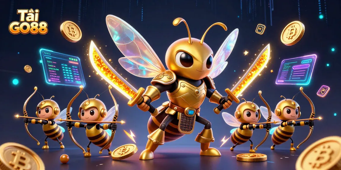 Tải GO88 game experience with a vibrant arcade scene featuring a golden hornet and bee archers surrounded by digital currencies.