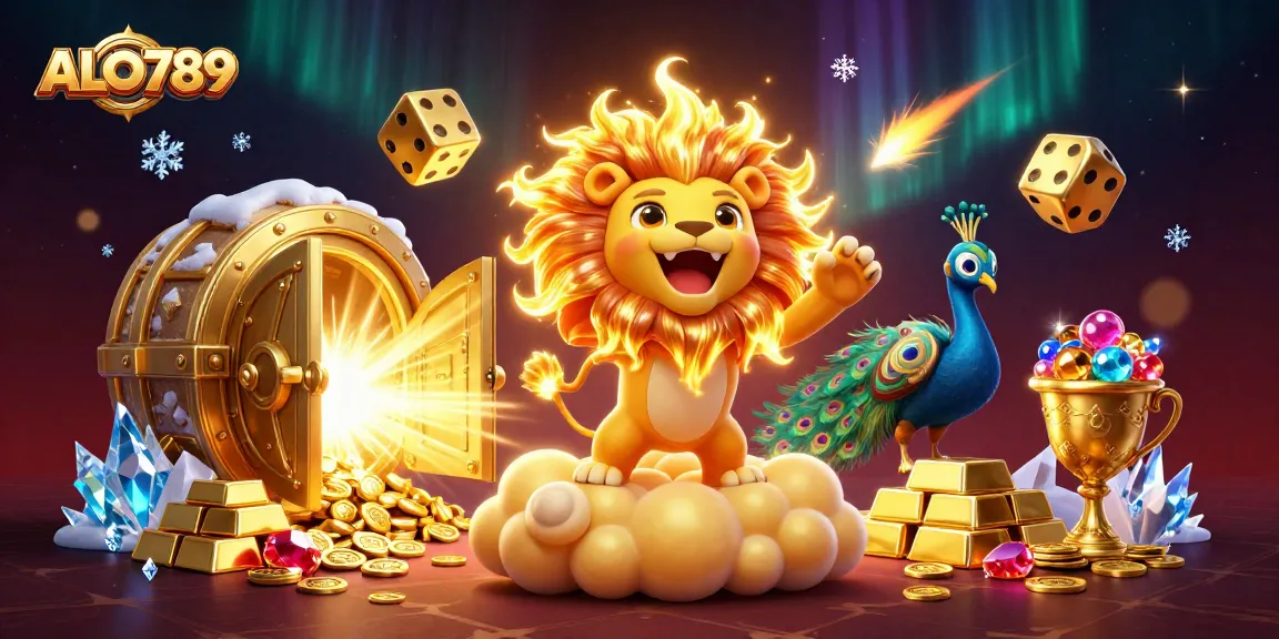 Experience thrilling wins at ALO789 with golden dice, treasures, and a triumphant lion in action.