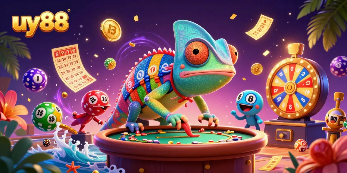 Experience vibrant casino action at uy88, featuring a dynamic chameleon owner amidst exciting lottery and game elements.