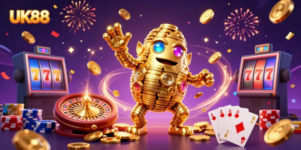 UK88 offers a thrilling casino experience with vibrant characters, golden coins, and exciting game elements.