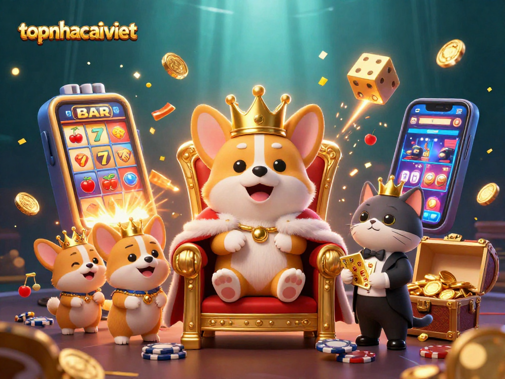 Engage in thrilling gameplay at topnhacaiviet, where a royal corgi reigns over a vibrant casino world.