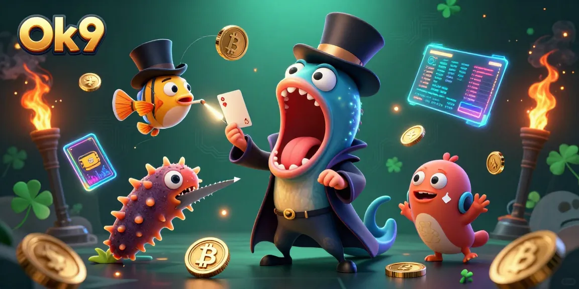 Experience thrilling card tricks with Ok9 featuring vibrant underwater characters in a colorful casino setting.