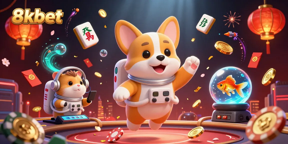 Experience the vibrant fun with 8xbet in a dynamic casino scene featuring an astronaut corgi and goldfish.