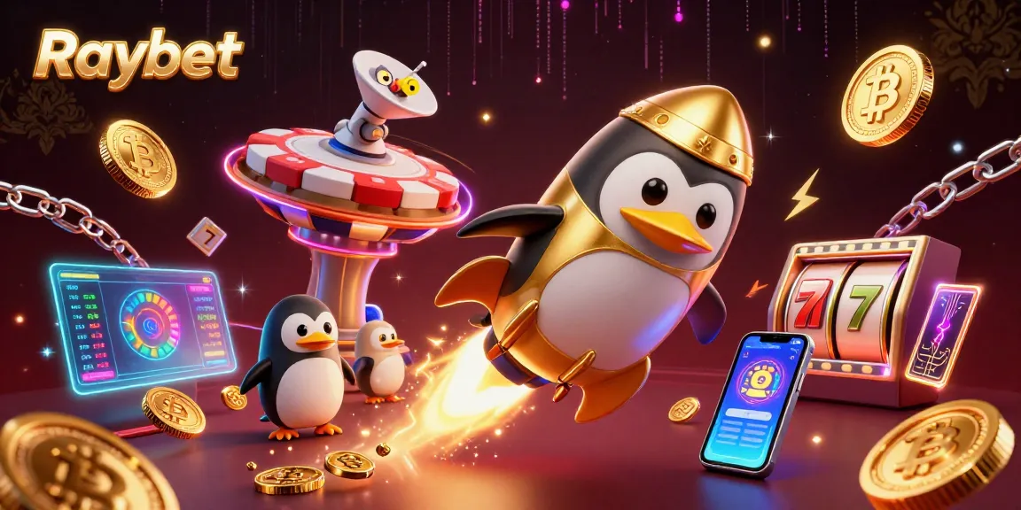 Experience Raybet’s thrilling adventures with a golden penguin and vibrant gaming elements.