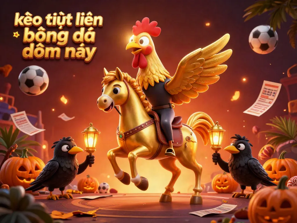 Bet on kèo trực tuyến bóng đá đêm nay with a dynamic illustration of a golden rooster in a casino, juggling soccer items.