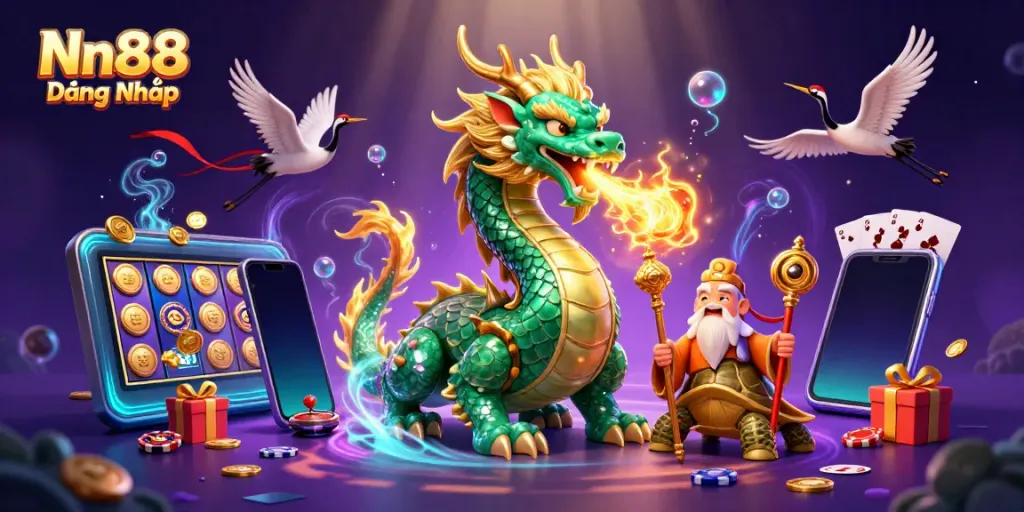 Experience the thrill of Nn88 Đăng Nhập with vibrant 3D casino elements and mystical characters.