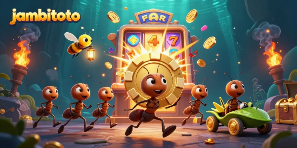 Ants heist with golden poker chip in a vibrant casino scene at jambitoto