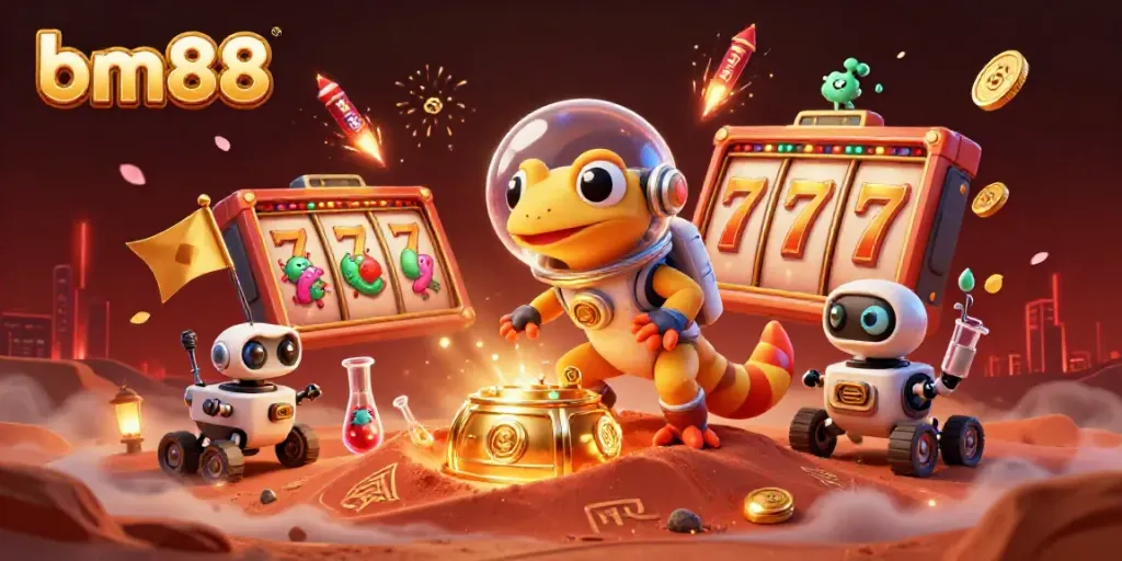 Engage with bm88 in a thrilling Martian casino adventure filled with vibrant slot reels and alien artifacts.