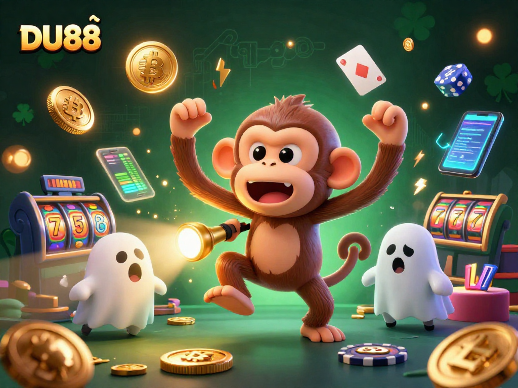 Experience DU88's thrilling fun with a poltergeist monkey juggling crypto coins in a haunted casino.