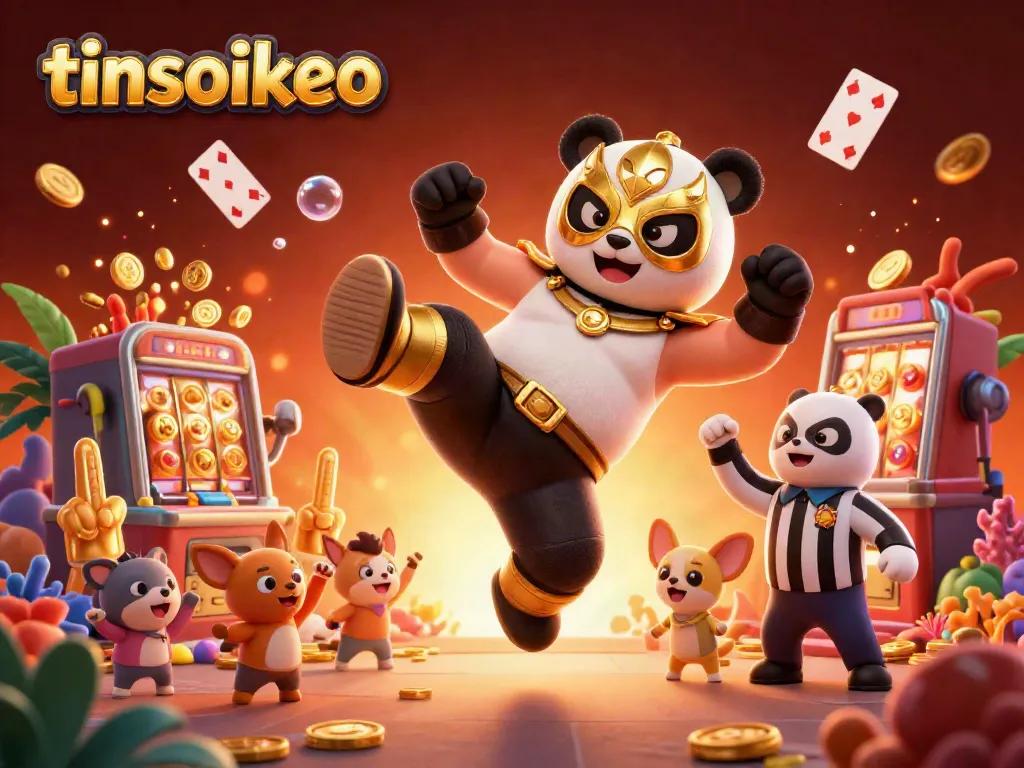 tinsoikeo showcases a panda wrestler kicking in a vibrant casino scene filled with excitement and dynamic elements.