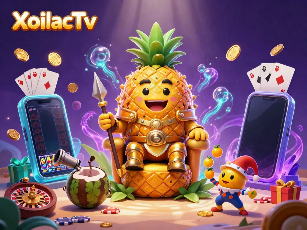 XoilacTv presents a vibrant 3D illustration of a golden pineapple king surrounded by animated casino elements, emphasizing dynamic gaming action.