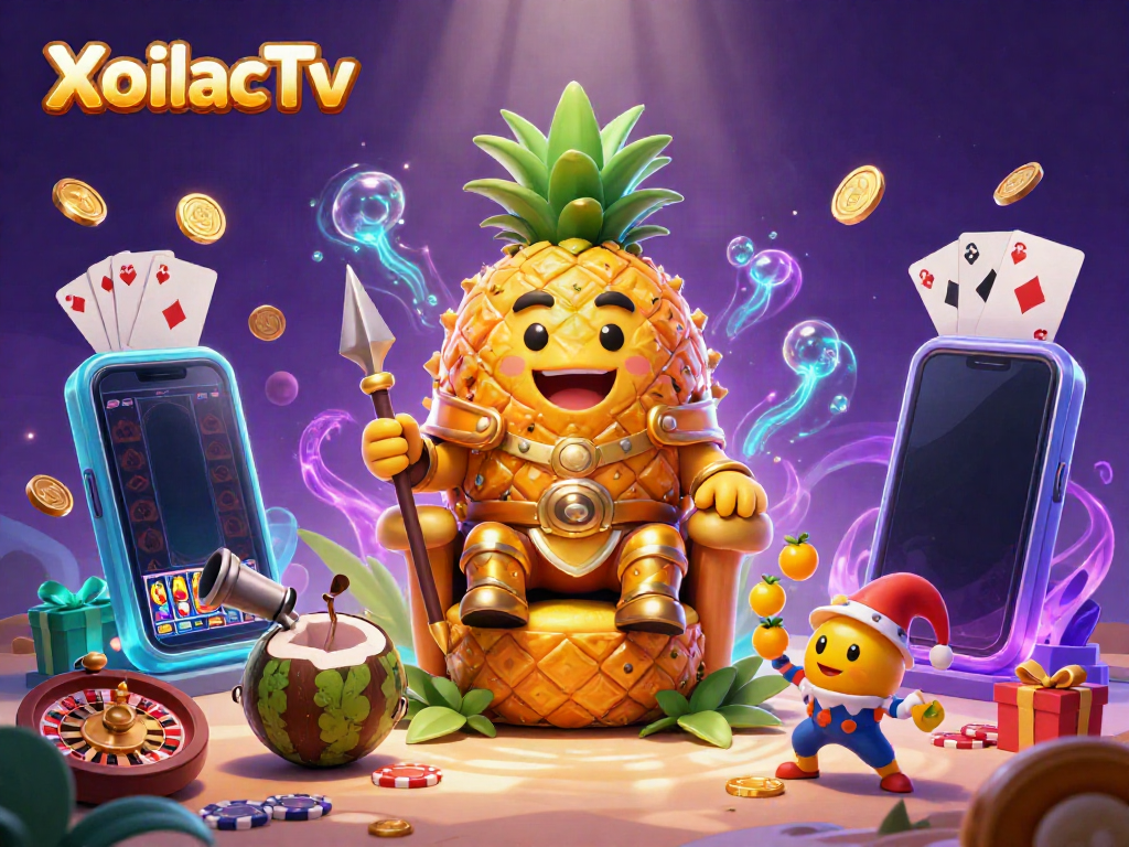 XoilacTv presents a vibrant 3D illustration of a golden pineapple king surrounded by animated casino elements, emphasizing dynamic gaming action.
