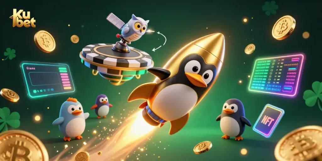Experience thrilling wins with Ku bet in this vibrant 3D casino illustration featuring dynamic characters and elements.