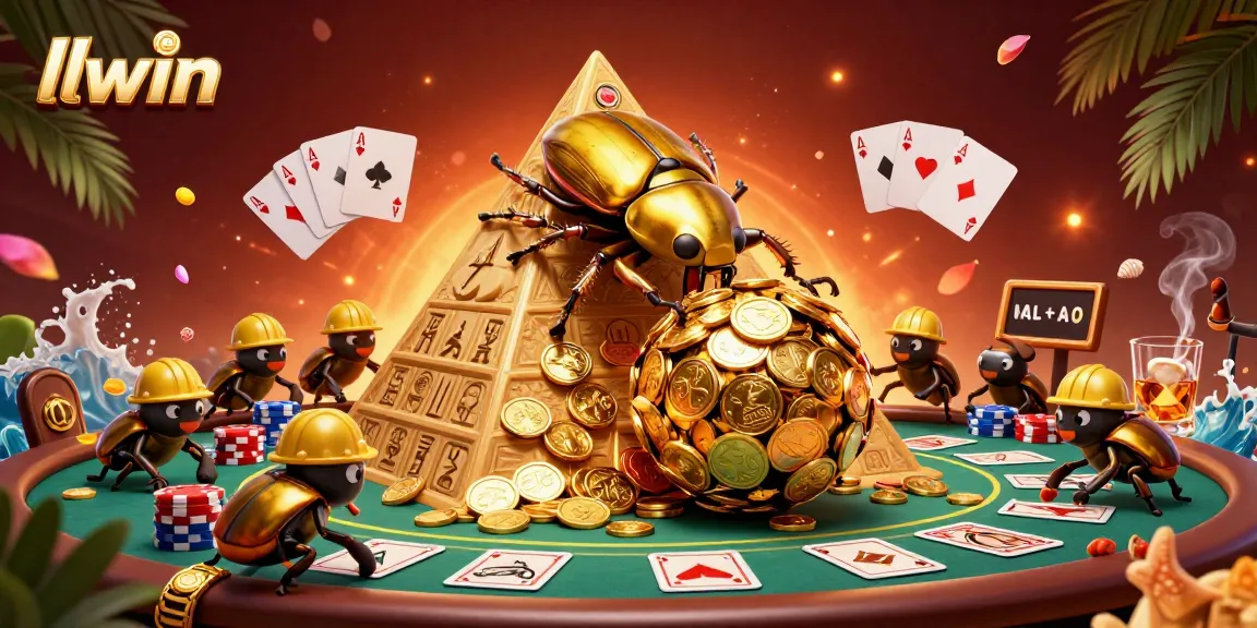 Experience thrilling wins at LLWIN with golden coin beetles and poker riches in this dynamic casino scene.