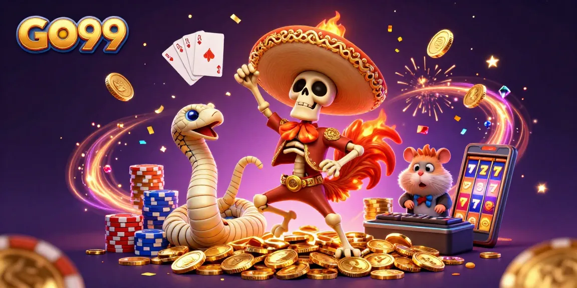 Experience GO99’s vibrant casino world with a dancing mariachi rooster among golden coins and dazzling games.