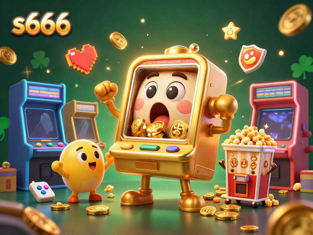 S666 slot machine hits jackpot surrounded by cheering machines and popcorn, showcasing vibrant casino elements.