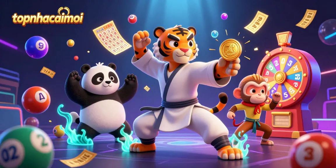 Engage with topnhacaimoi as a kung fu tiger master showcases thrilling lottery elements in a vibrant casino scene.