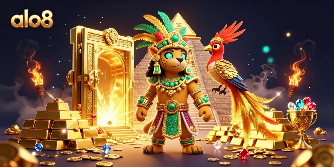Experience the thrill of winning at alo8 with vibrant 3D casino gaming elements and Mayan-themed characters.