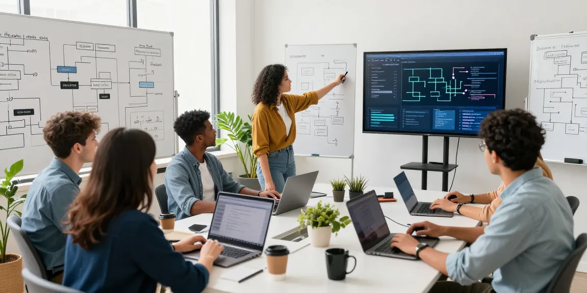 Dynamic team collaborating on AI automation strategies in a modern office environment.
