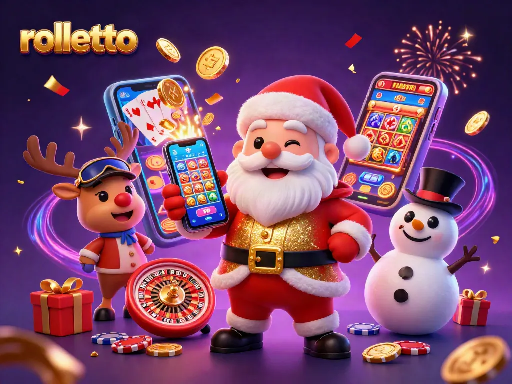 Immerse yourself in rolletto's vibrant casino world with Santa, reindeer dealer, and poker chip snowman.