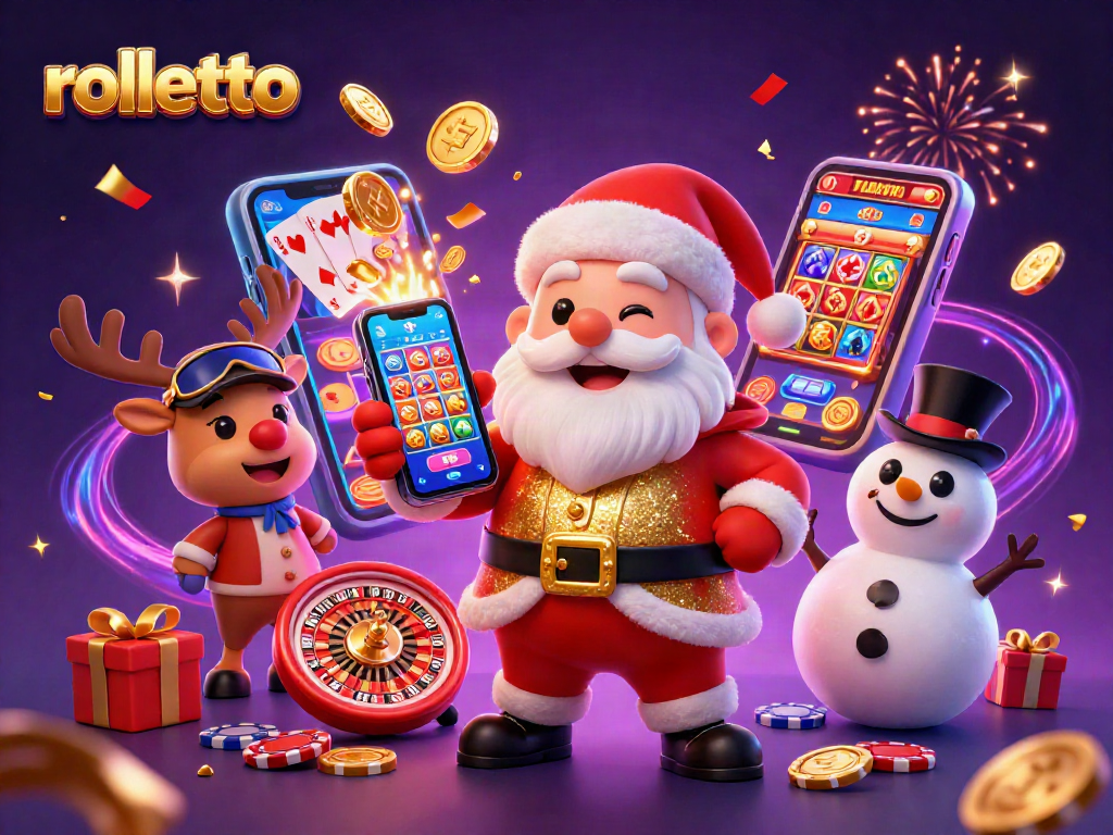 Immerse yourself in rolletto's vibrant casino world with Santa, reindeer dealer, and poker chip snowman.
