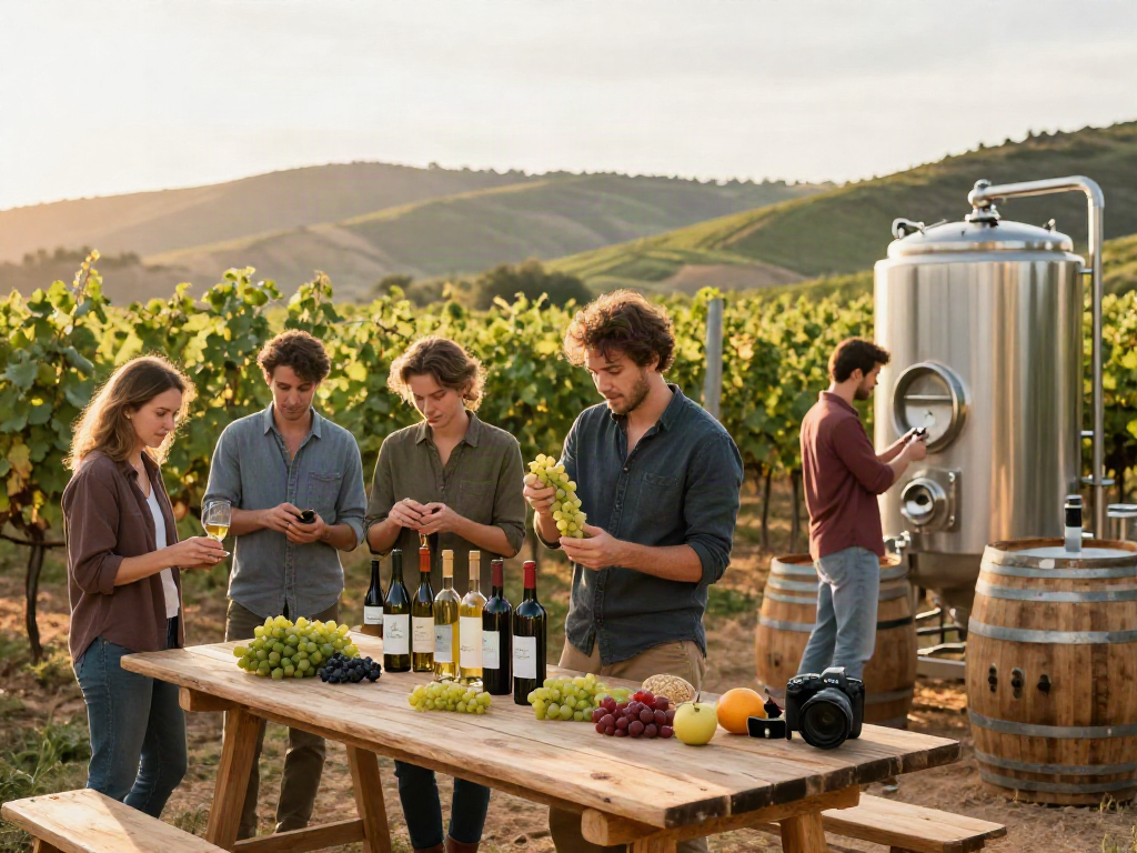 A diverse group of winemakers from avpwinecollective.com collaborating in a vibrant vineyard.