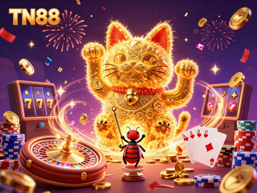Experience thrill with TN88 as a giant lucky cat formed by golden fireflies captivates amid casino symbols.