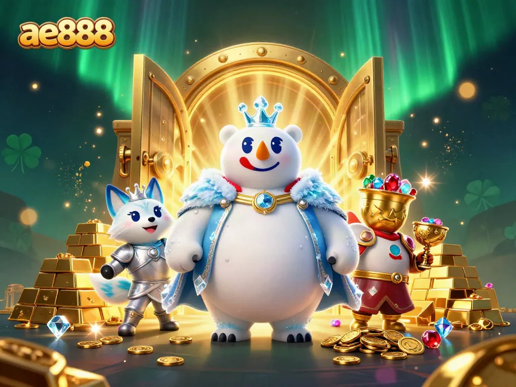 Win with ae888 in this vibrant casino scene, featuring treasures and cartoon characters