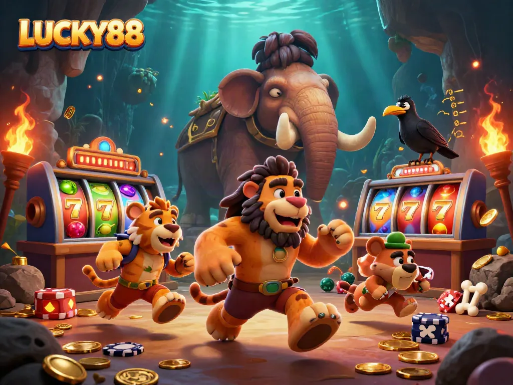 Play at LUCKY88 with vibrant slot reels and exciting casino elements in a prehistoric casino.