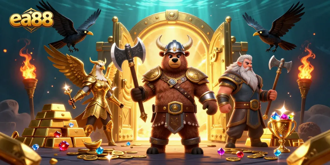 Experience thrilling adventures with ea88 as a Viking bear and Valkyrie eagle guard treasures in this dynamic casino scene.