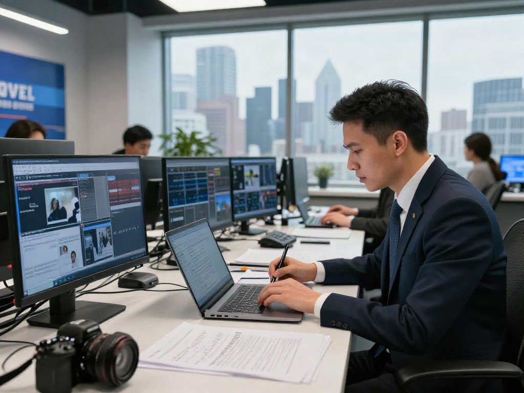 Journalist writing for elligilgal.com in a modern newsroom environment, surrounded by live news feeds.