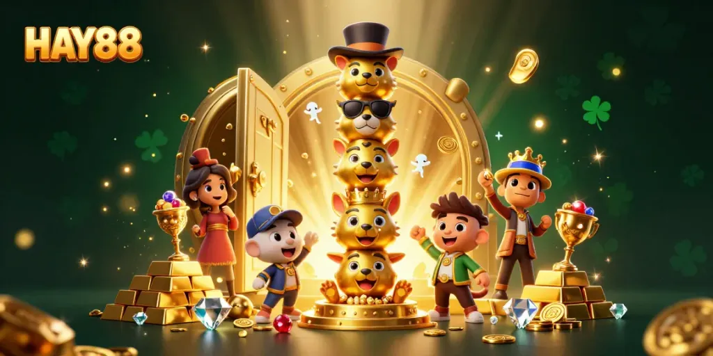 Experience HAY88 with vibrant casino-themed 3D illustration showcasing dynamic golden totems and treasure vaults.