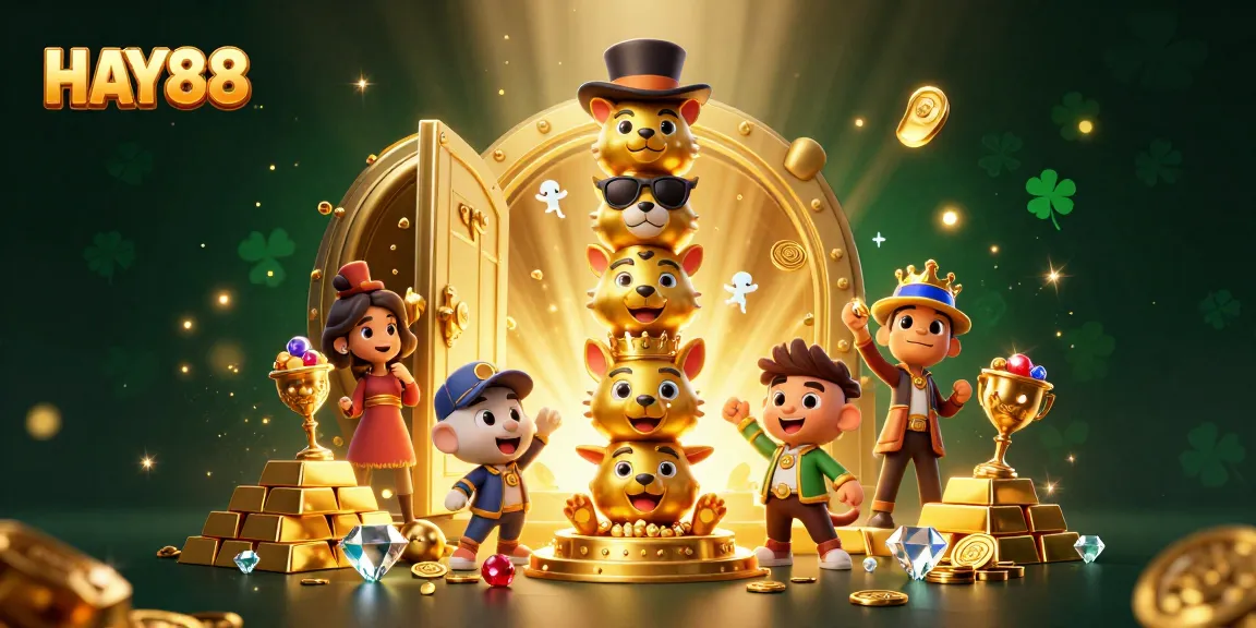 Experience HAY88 with vibrant casino-themed 3D illustration showcasing dynamic golden totems and treasure vaults.