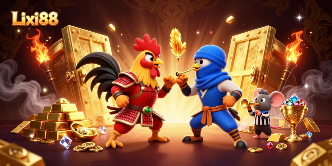 Lixi88 allows players to engage in dynamic cockfighting battles amidst golden treasures in this vibrant illustration.