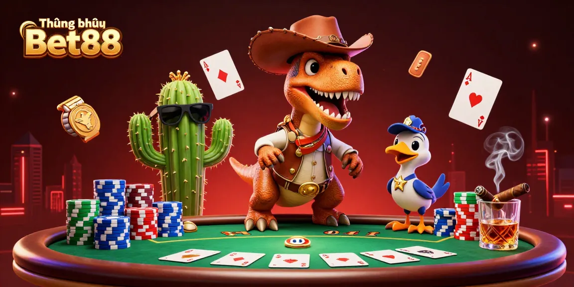 Engage with the thrilling universe of Thương hiệu Bet88 featuring a cartoon dinosaur cowboy at a poker table.